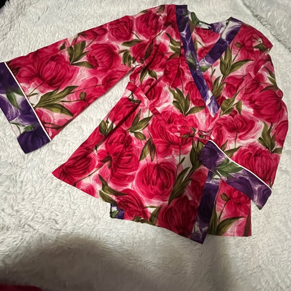 Kate Spade fushcia purple Floral print Cottonetapa kimono Bell sleeveTop Sz P/S